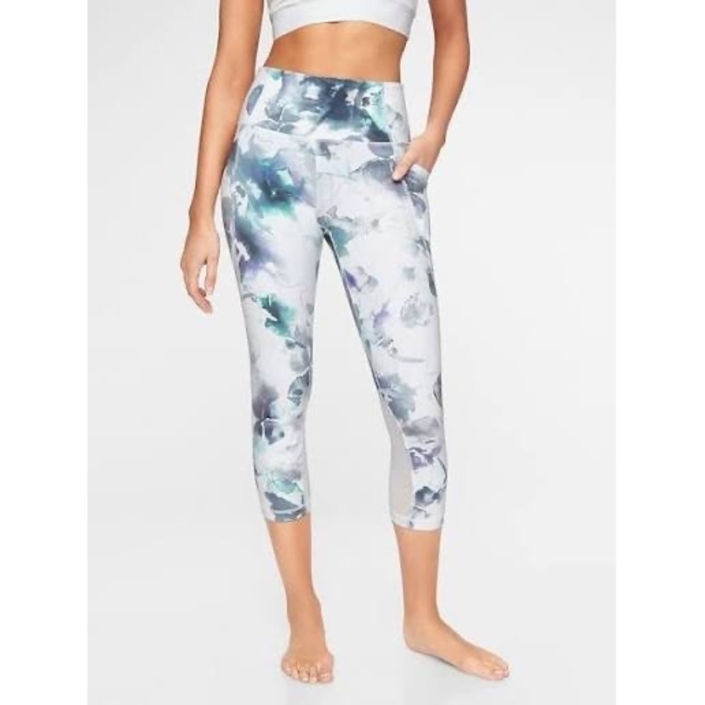 Athleta Floral Mudra Capri Womens SP Blue Multi Watercolor Mesh Yoga Gym Active